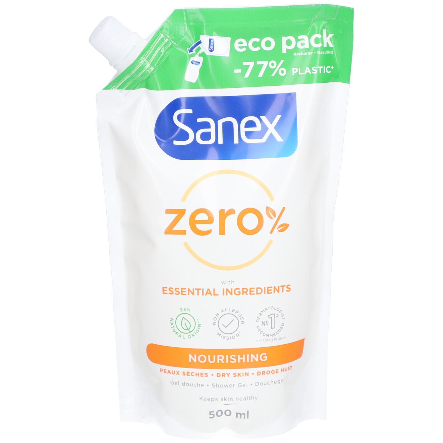 Sanex Zero% Nourishing & Hypoallergenic Douchegel voor Droge Huid - Navulling 500ml 500 ml Duschgel