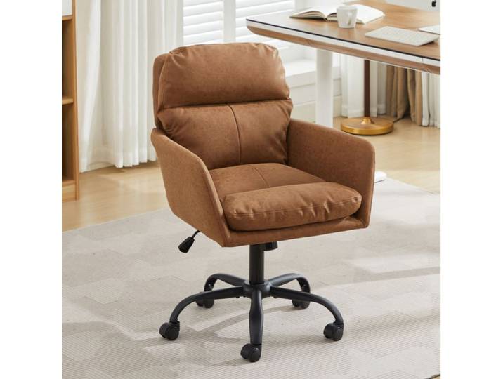WUVRIE Chaise de bureau marron en simili cuir PU hauteur réglable avec accoudoirs et roulettes