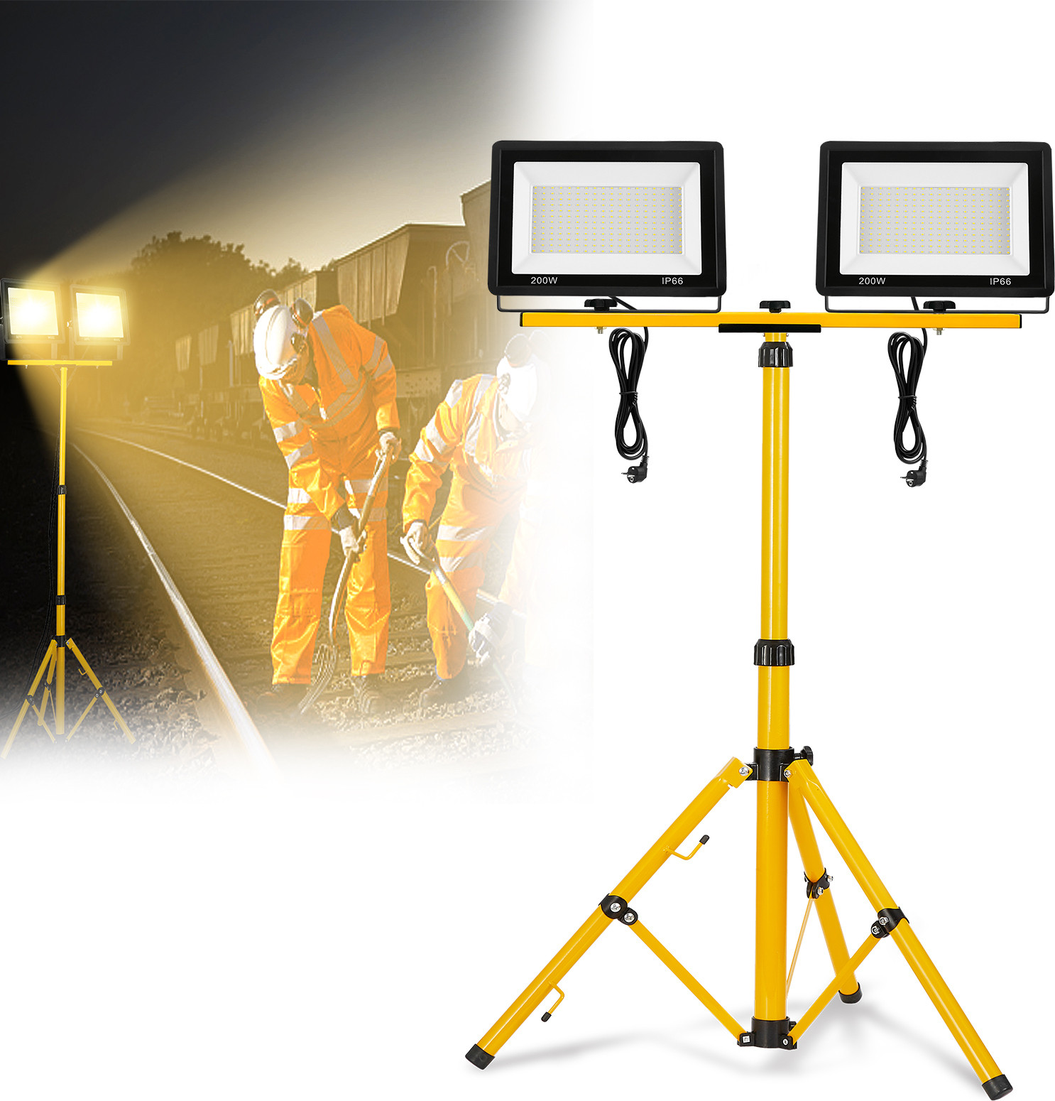 UISEBRT LED bouwlamp met statief, 2x200W, 16000LM, warmwit, IP66 werklamp