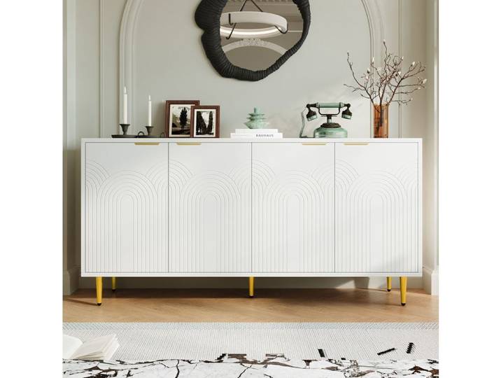 Buffet bas 4 portes avec fermeture douce - LPOSPI - panneaux MDF finition brillante pieds dorés - blanc