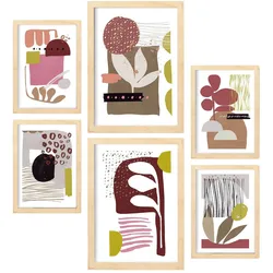 POSTER Set Mit 6 Eigenartige Form 2 In Blume Zusammenfassung A3 & A4 Rahmen Aus Hellem Holz