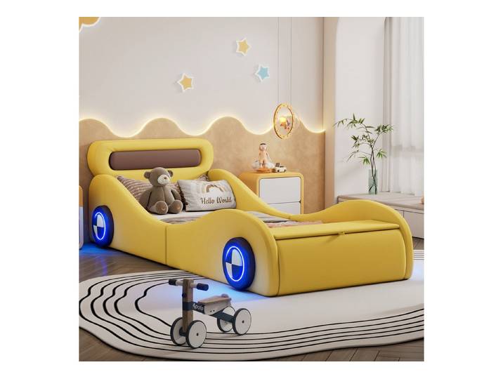 Merax Autobett 90x200cm mit LED Rädern (1-tlg), Polsterbett Kinderbett Jugendbett Einzelbett mit Stauraum, Kunstleder