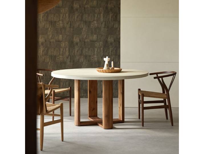 Runder Tisch aus massivem Akazienholz und elfenbeinfarbenem Zement für 4/6 Personen. - Beige - Cement