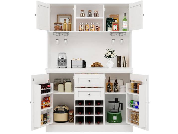 Redom Küchenbuffet/Hochschrank aus MDF in Weiß, mit Weinregal und 3D-Türen, 120/40/188 cm, Weiß, 120x180x40 cm, Esszimmer, Anrichten, Buffetschränke