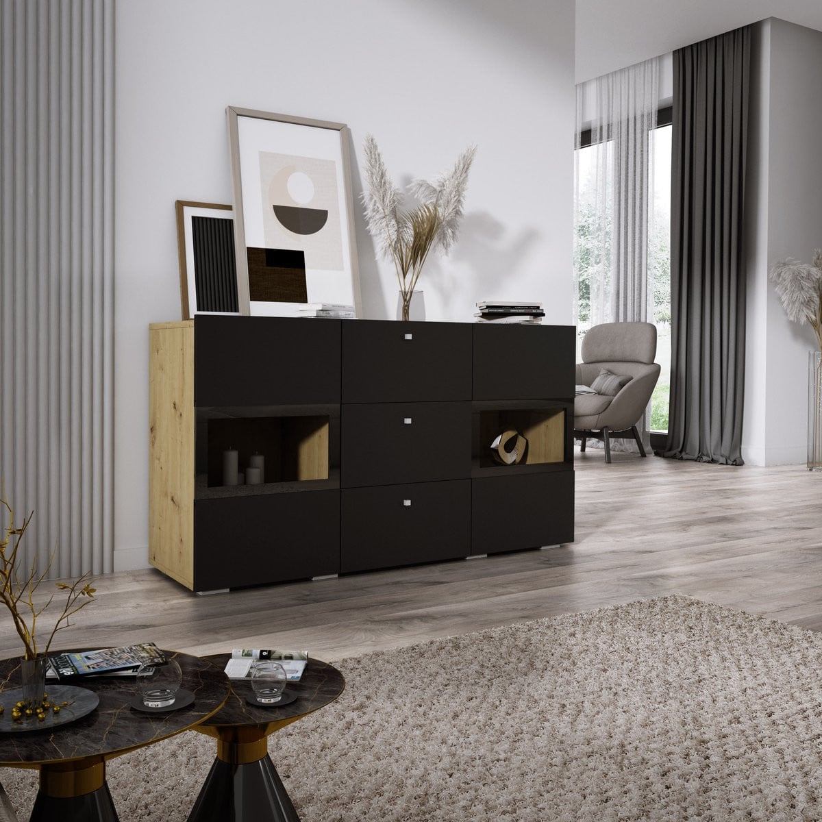 Meubel Square Dressoir Belix Eiken en Mat Zwart met geïntegreerde verlichting
