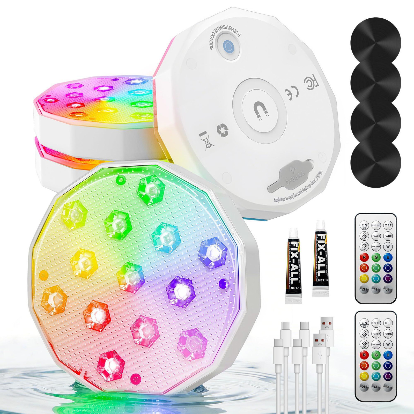 Set van 4 oplaadbare magnetische RGB LED onderwaterlampen voor in uw zwembad of tuin