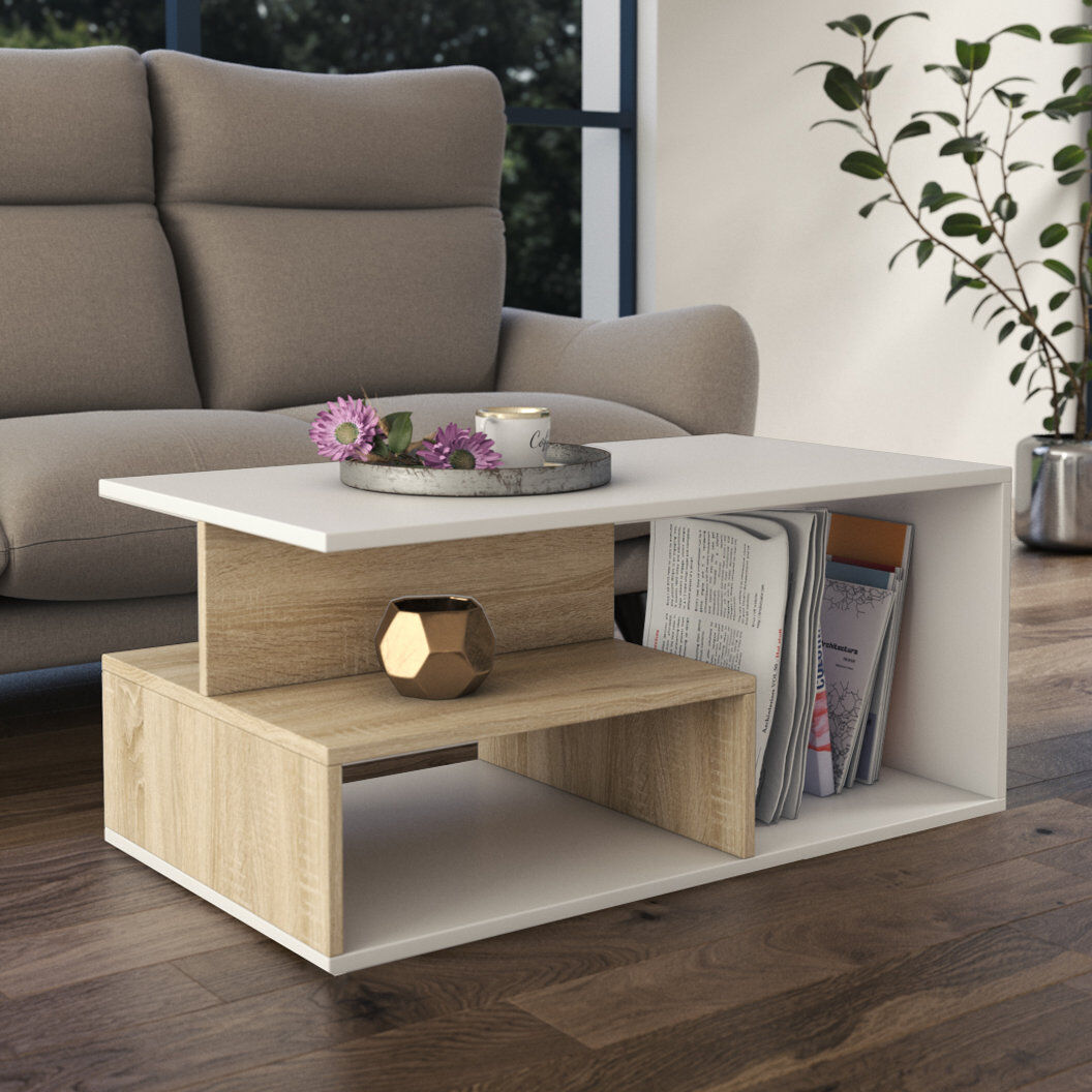 Zipcode Design Cheston Floor Shelf Coffee Table with Storage Sonoma/White 43cm H X 90cm W X 51cm D