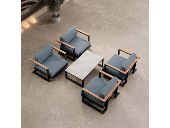 Vayla V – 4 Loungesessel & Tisch aus schwarzem Aluminium Aevora™ Kollektion - Anthrazit - Luxusbetten24