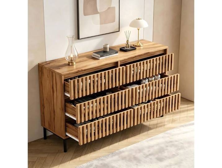 WUVRIE Buffet bas 6 tiroirs 120x40x81 cm aspect bois MDF et panneaux de particules
