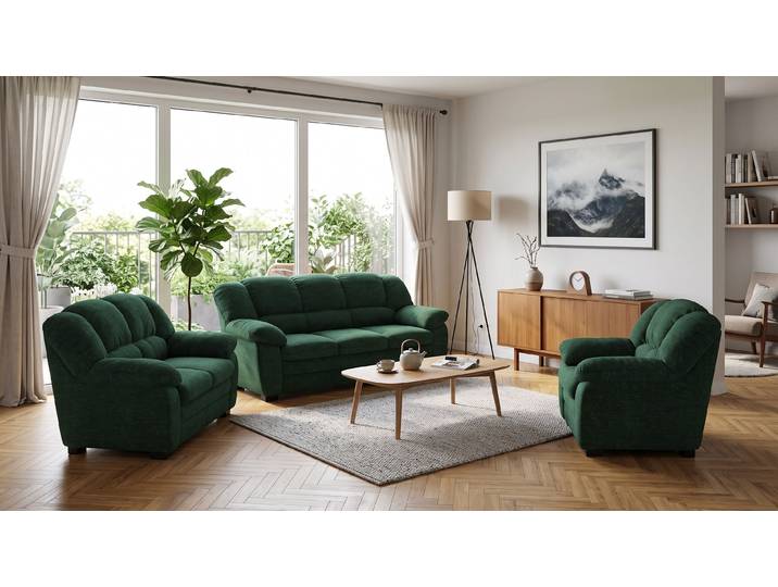 Polstergarnitur COTTA Casino, 3tlg. Set, Sofa Wohnzimmer Garnitur, Wellenunterfederung , grün (dunkelgrün), H:88cm, Holzwerkstoff, Sitzmöbel-Sets, Polstergarnitur, auch als Set erhältlich