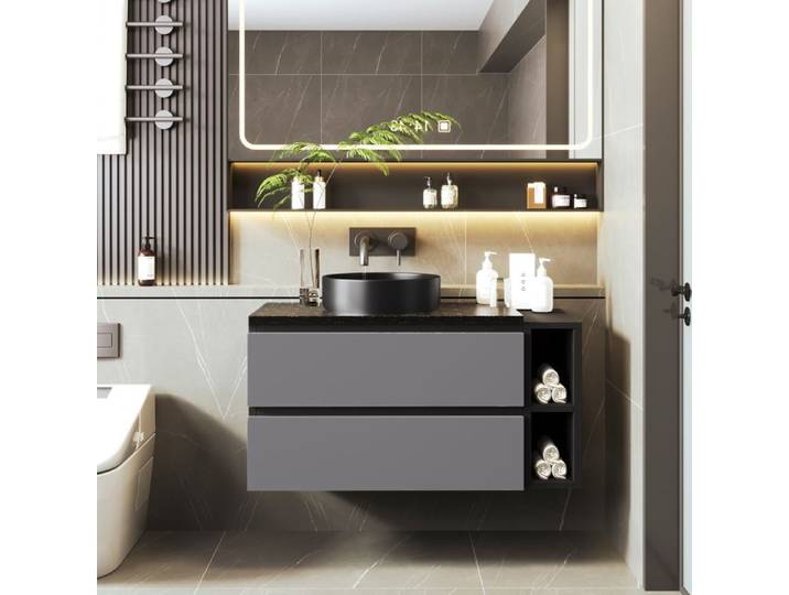 Meuble de Salle de Bain 80 cm - Meuble Sous-Vasque + Lavabo - Design Moderne - Armoire de Salle de Bain Noir+Gris