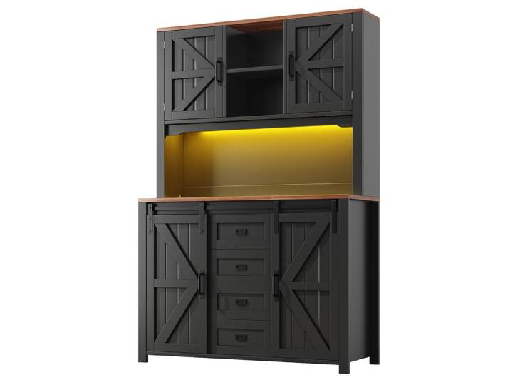 HIGHBOARD in Schwarz mit LED & Schiebetüren