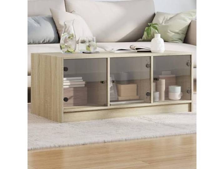 HEFZGDB Couchtisch mit Glastüren Sonoma-Eiche 102x50x42 cm Moderner Beistelltisch mit Stauraum für Bücher und Deko
