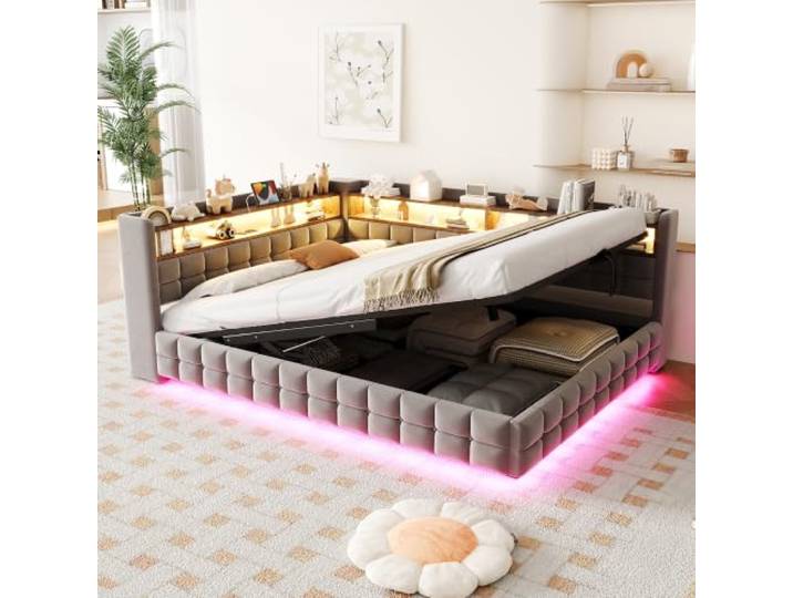 Merax Multifunktionales Polsterbett Schlafsofa 140x200 cm mit Hydraulik, Holzregal, LED & USB – Hellgrau (Ohne Matratze)