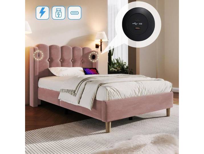 Lit 90x200cm avec USB et type C Lit Double Rembourré avec Tête de lit Cadre de Lit Plateforme avec Sommier à Lattes en Bois Rose
