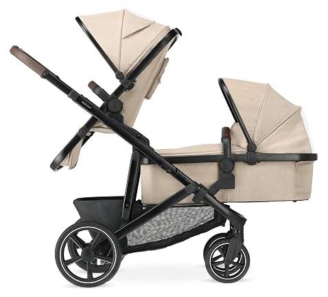 Evy V3 Kinderwagen für 2 Kinder - für Neugeborene, Kleinkinder im Vorschulalter - Baby Kinderwagen Buggy bis 50kg - Baby Zwillingsbuggy Wagen - Reise 2 in 1 Komplettset - Nougat
