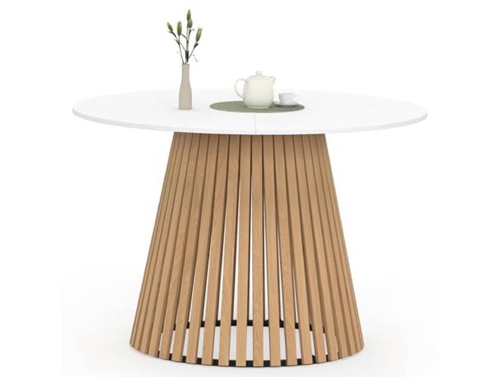 IDMarket - Runder Esstisch Carmen 6 Personen Holzfuß aus Latten und weiße Holzplatte 110 cm