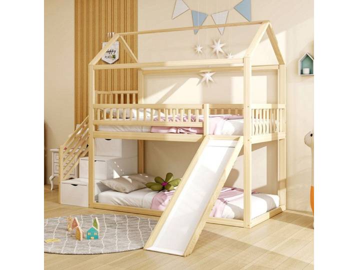 Lit superposé - TRUXEN8 - 90x200 cm - Toboggan - Échelle de rangement - Bois massif