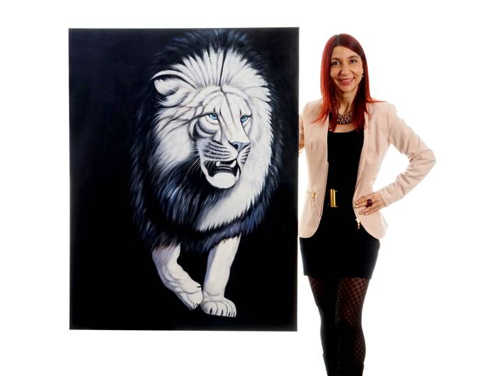 Ölgemälde Weißer Löwe, 100% handgemaltes Wandbild Gemälde XL, 120x90cm Standard