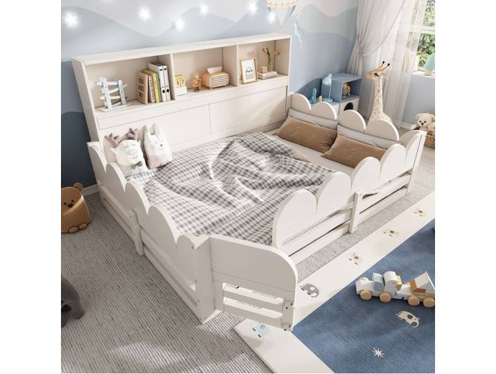 Lit enfant 140x190 cm lit simple avec barrière et étagère bois blanc