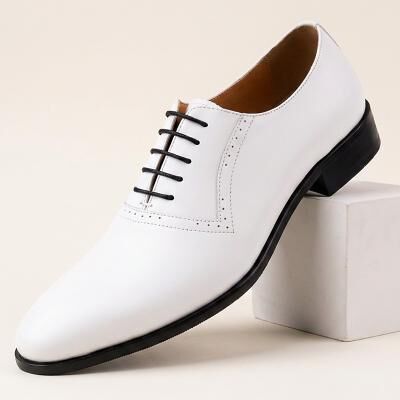 LightInthebox Men's Genuine Leather White Oxford Shoes, Sleek Lace-Up Dress Shoes with Contrast Black Sole for Modern Gentlemen, Weddings, Parties and Formal Occasions