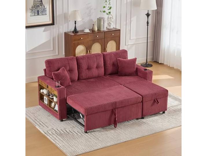 FammyLoft Modulares Sofa mit Bettkasten, Schlafsofa mit Ausziehbett, Mehrfunktionales Schlafcouch mit USB-C, Ambientebeleuchtung, Getränkehaltern Wohlfühlbereiche, für Wohnzimmer, Schlafzimmer, Rot