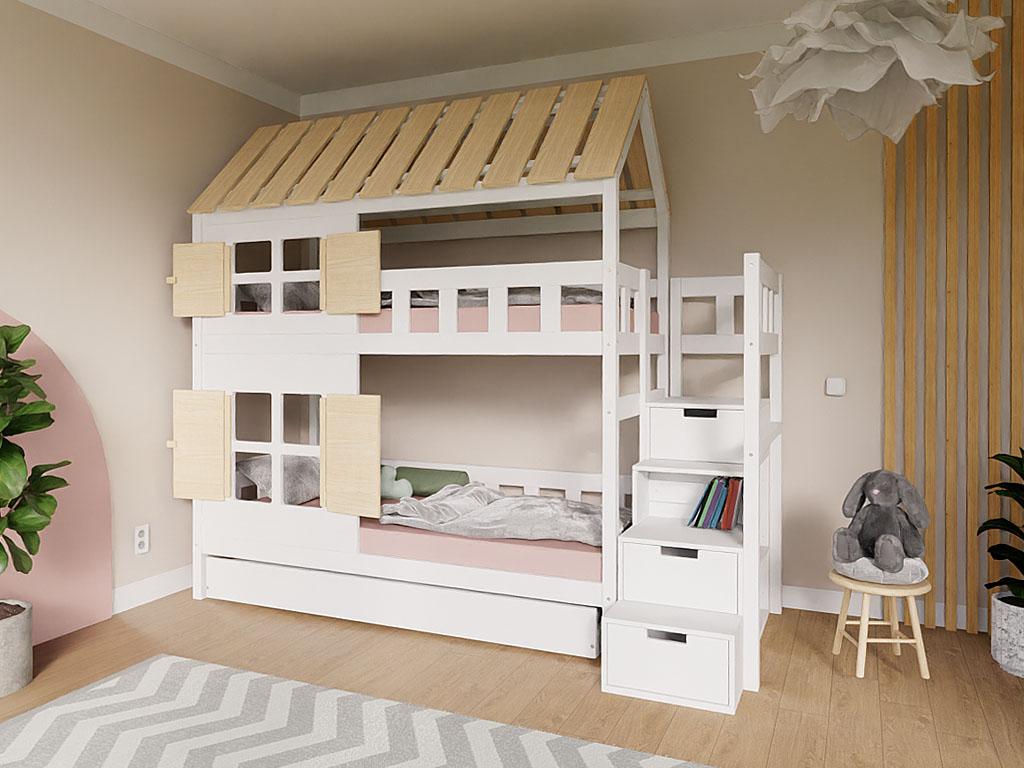 Hausförmiges Etagenbett HÜTTCHEN mit Treppen und Stauraum 90x200 cm - Unlackiert - Rechts - Aufbewahrungsschublade
