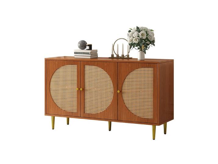 Yorbay Sideboard Kommode, Rattan-Sideboard mit 3Türen (Metallgriffe)