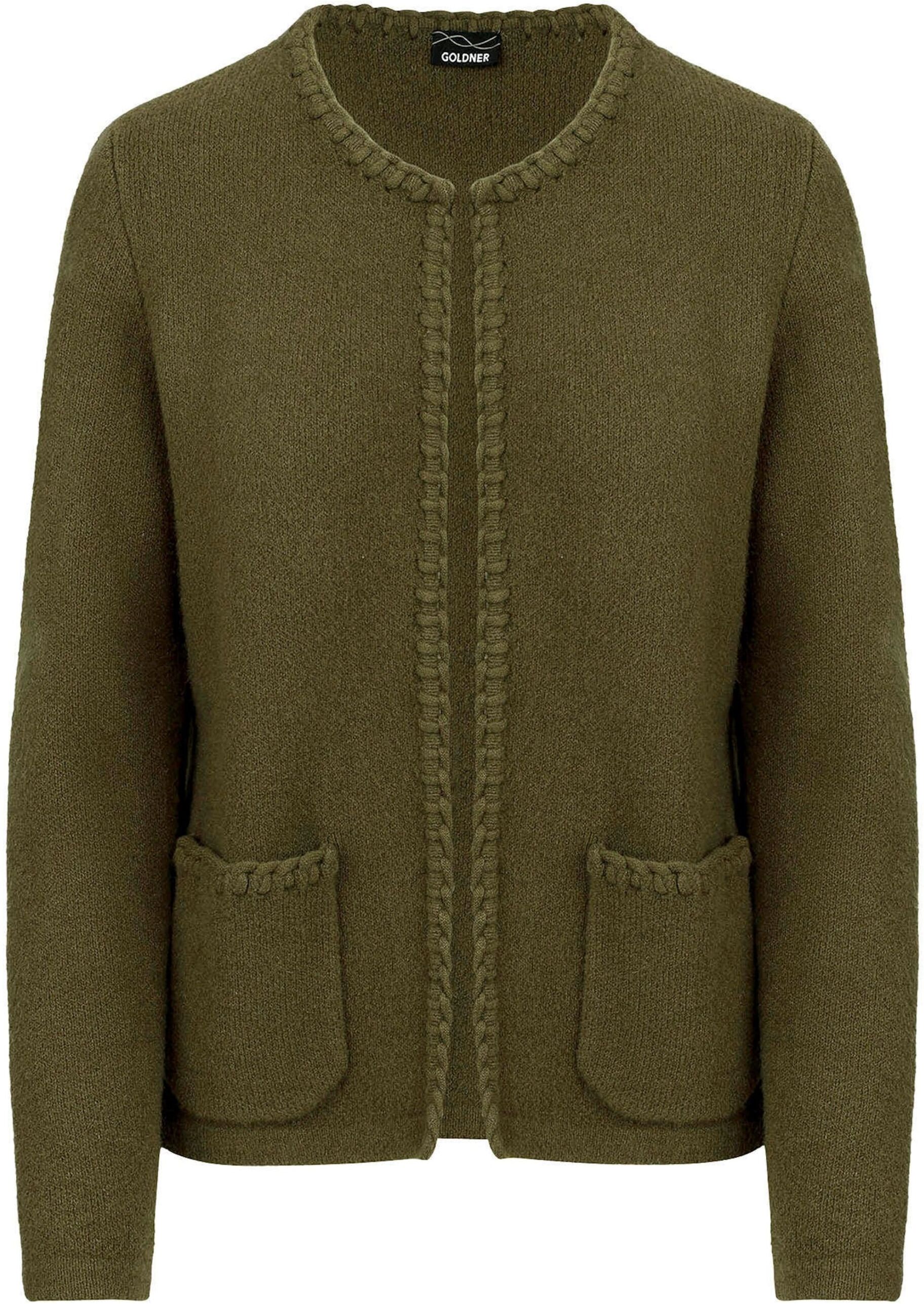 Strickjacke GOLDNER "Strickcardigan mit Häkchenverschluss", Damen, Gr. 38, khaki, Modern, gerade, Rundhals, Gerade, Strickjacken Strickjacke, Kanten mit Zierstick aus Strickband