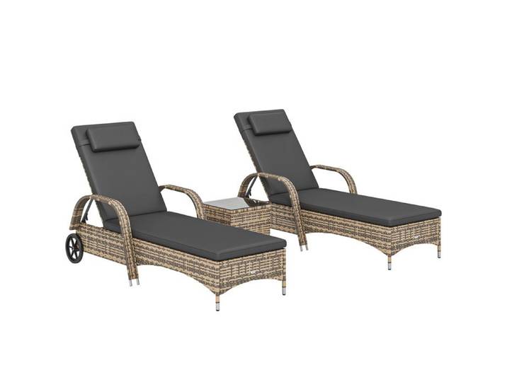 Lot de 2 transats - Outsunny - inclinaison réglable multipositions - accoudoirs roulettes table basse - résine PE - gris foncé