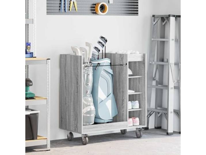 KGTKGTYER Schrank Mit Rädern, Golf-Organizer, Sonoma Grau, 90x45x98 cm Stabiler Holz-Metall-Mix, Praktischer Stauraum, Mobil auf Rollen