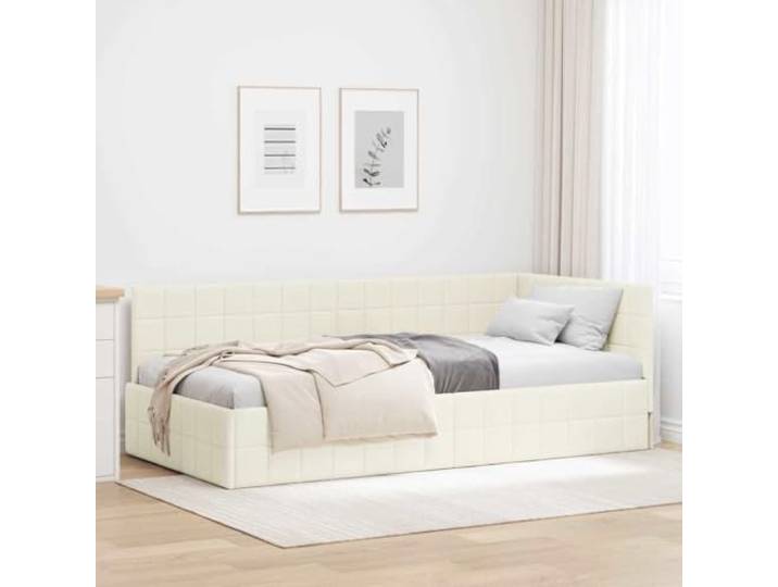 WDGJJFECNMUEHI Samt L Design platzsparend Eckbett Rahmen Creme 90x200 cm Eckbettgestell mit Kopfteil Creme 90x200 cm Samt L-Form Schlafsofa Platzsparendes Bett Rahmen mit Lattenrost Stabile