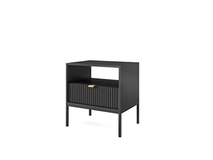 BETTSO - Nova S-54 - Nachttisch - Beistelltisch - Schubladenschrank - Nachtschrank - mit hohen Metallbeinen - Geriffelt - Schlafzimmer - Modern, Glamour - Schwarz - mit goldenen Griffen