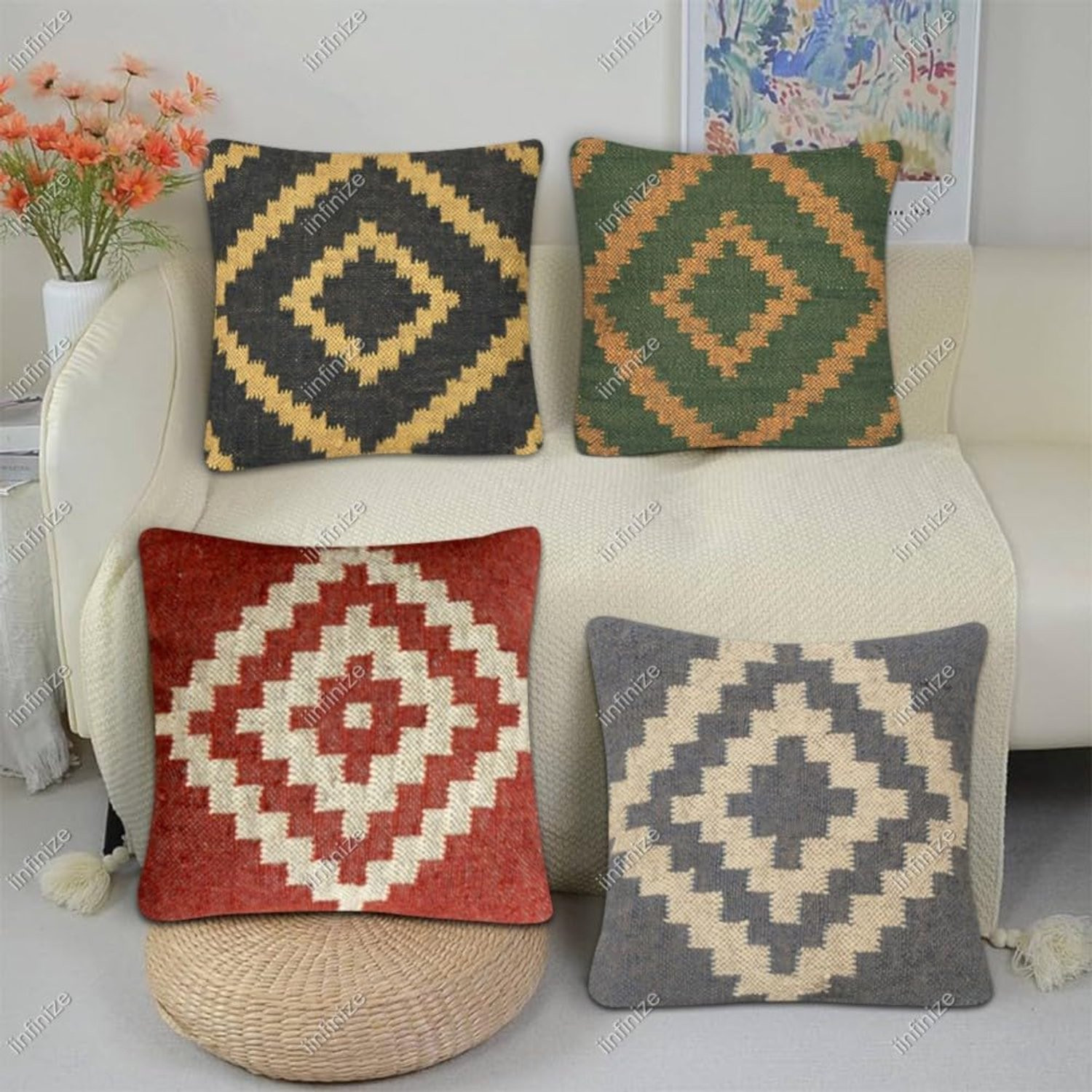 Handgemaakte etnische kussenhoes van wollen jute in vintage bohemian stijl, 45 x 45 cm