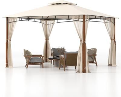 Costway 12 x 10 Feet Outdoor Patio Gazebo with Netting and 2-Tier Canopy Roof-Beige