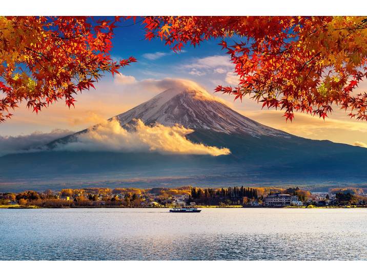 Fototapete PAPERMOON FUJI BERG-JAPAN GEBIRGE WALD SEE WOLKEN SONNE VULKAN , bunt, B:2m L:1,49m, Vlies, Tapeten, Fototapete
