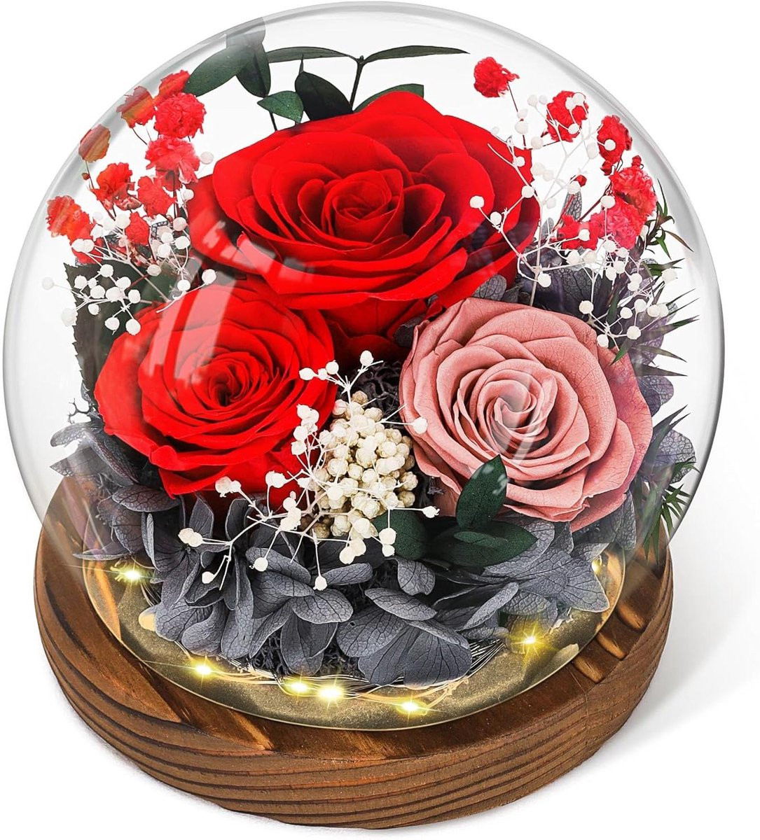 Eeuwige Roos Kristallen Bol met Geconserveerde Rode Roos en Hortensia's - Handgemaakt Decoratief Cadeau