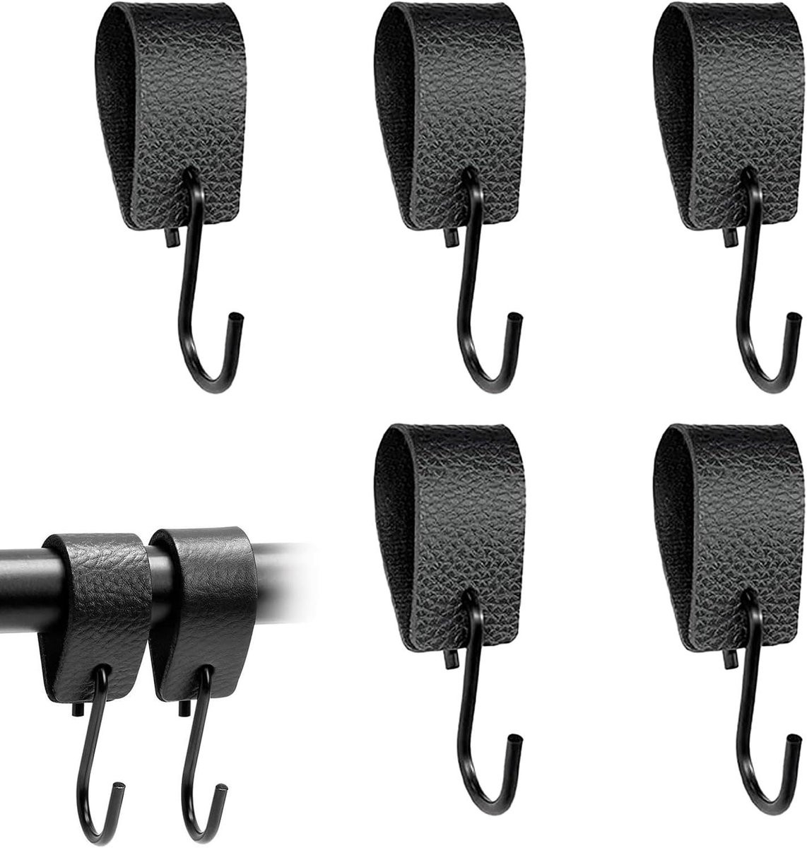 Allecto Plus Set van 5 Leren S-haken - Zwarte Multifunctionele Kledinghaken voor Garderobe, Keuken en Badkamer