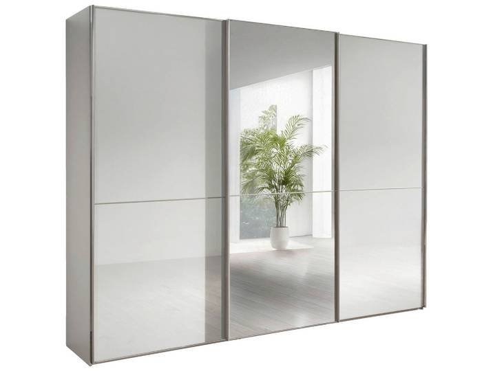 Chameo Schwebetürenschrank, Weiß, Glas, 9 Fächer, 300x217x67 cm, Schrankfront mit Spiegel, Schlafzimmer, Kleiderschränke, Kleiderschränke mit Spiegel