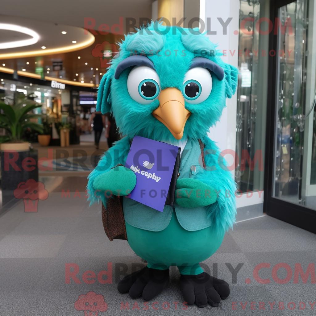 Maskottchen-Charakter REDBROKOLY eines blaugrünen Kiwis mit Bluse und Messenger-Tasche