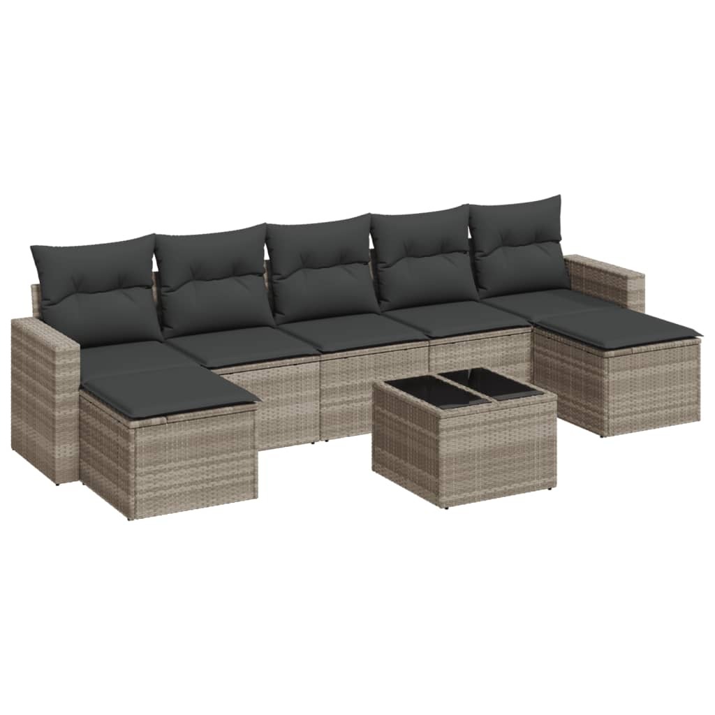 8-tlg. Gartenmöbel-Set, modular, Lounge-Sofa mit breiten Armlehnen, Poly Rattan Hellgrau, Kissen Dunkelgrau, Hartglas-Tisch