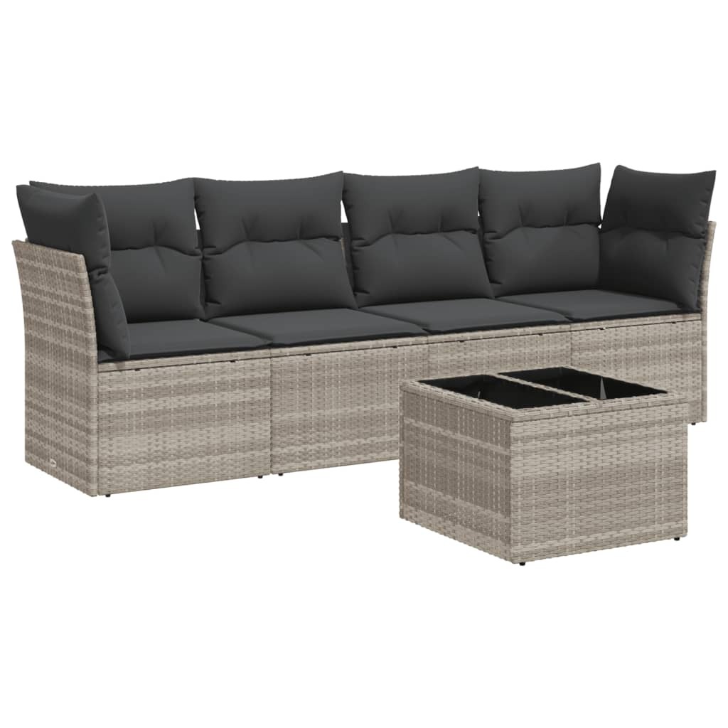 Modulare Garten-Sofagarnitur, 5-teilig, UV-beständig, aus PE-Rattan, pulverbeschichtetem Stahl, Hartglas, Hellgrau, Kissen Dunkelgrau