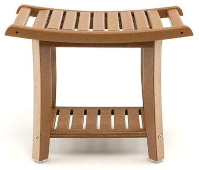Costway Waterproof Bath Stool with Curved Seat and Storage Shelf-Brown