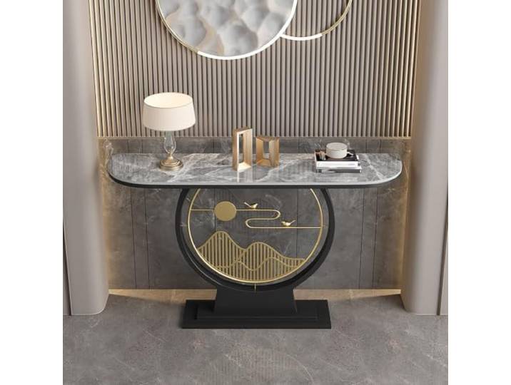 Halbmond Konsolentisch mit Steinplatte, Metallrahmen, Eingangstisch Halbmond-Design, Steinoptik-Platte, Metallgestell, schmaler Konsolentisch für Flur, Eingang und Wohnzimmer