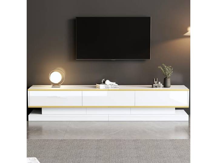 FammyLoft 200cm Hochglanz TV Schrank mit 3 Schubladen, TV Lowboard mit Großem Stauraum, Fernseher Schrank mit Goldener Kante für Wohnzimmer, TV-Board, Warmweiß