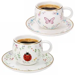 Fancy Garden Marienkäfer & Schmetterling 2er Espressotassen mit Untertassen