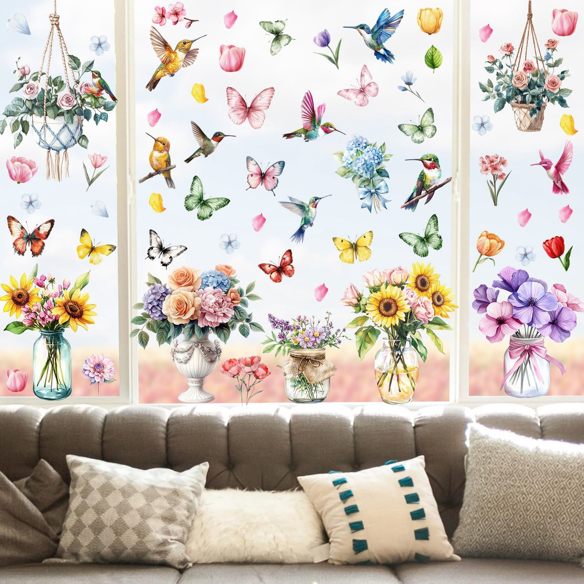 Cyslmuk 9 vellen elektrostatische raamstickers met bloemenpatroon en vogels voor interieurdecoratie