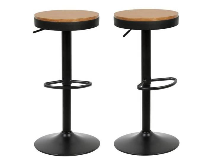 Tabourets de Bar en Bois Massif HUOLE - Lot de 2 - Hauteur Réglable - Base Métallique Industrielle Moderne