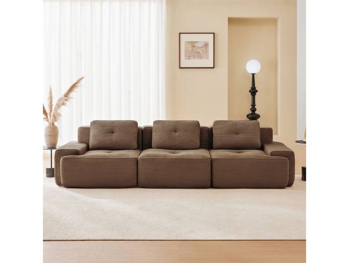 DRIPEX Canapé Cloud modulable 3 places surdimensionné Canapé en velours côtelé avec 3 coussins 293*104*69cm Marron