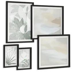 BILDER SET 5er Set - 50x50 cm & 20x30 cm & 40x60 cm Schwarzer Rahmen - Die Blätter der Pflanzen sind grünlich-grau.